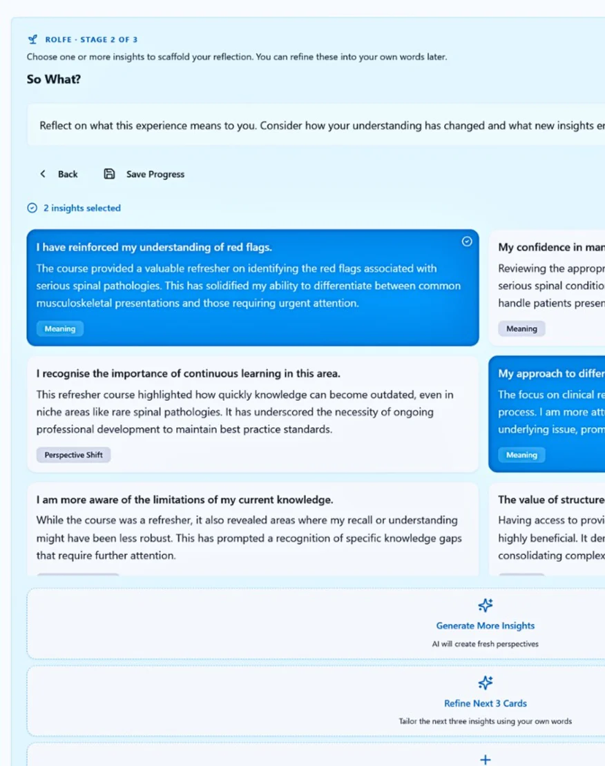 HandyCPD Reflection Engine showing Rolfe stage 2 with guided insight cards for review