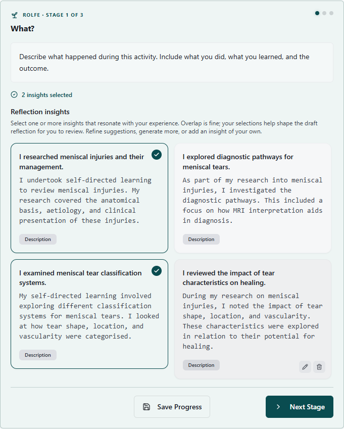 HandyCPD Reflection Engine showing a guided Rolfe reflection stage with prompt, selected insights and reviewable insight cards