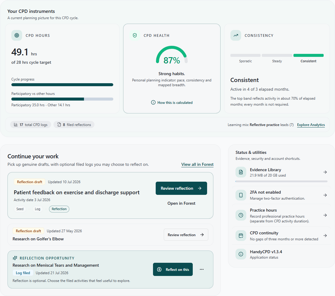 HandyCPD dashboard showing CPD hours, CPD health, consistency, reflection work and account utilities